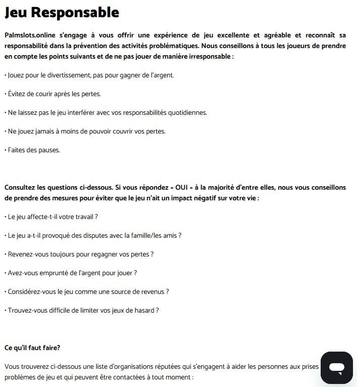 Palmslots Casino jeu responsable