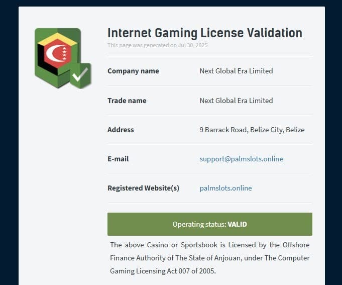 Palmslots Casino licence